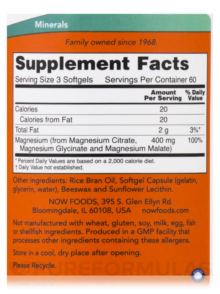 NOW Magnesium Citrate 400mg 180 softgels